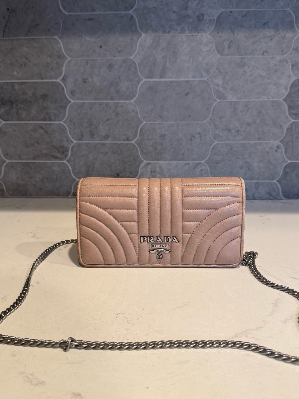 Prada Soft Calfskin Impunture Diagramme Chain Wallet Beige